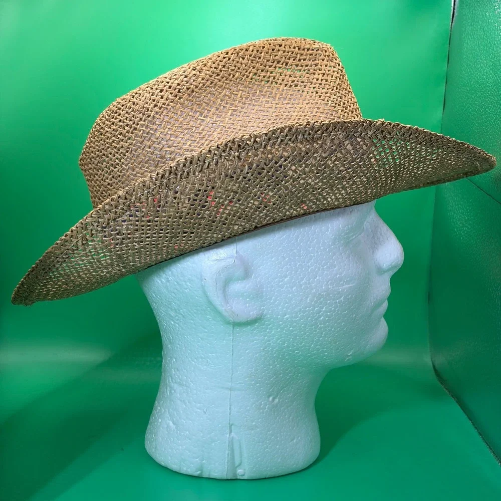 Peter Grimm Straw Fedora Hat Medium Tan Woven Boho Pattern Band Sun Cap USA Made